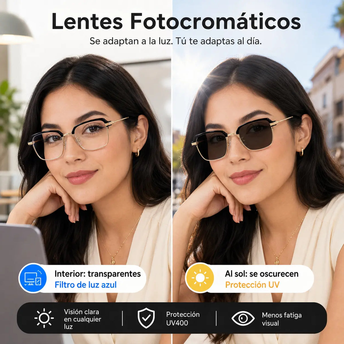 Lentes Fotocromáticos 2 en 1: Transparentes en Interiores y Oscuros al Sol, con Filtro de Luz Azul